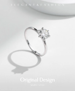 Macro shot of S925 sterling silver stamp and six-prong setting on a moissanite ring