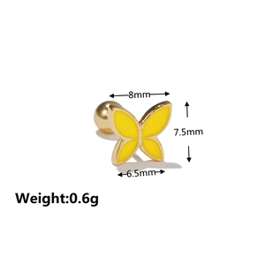 Detail of yellow butterfly stud earring with dimensions 8mm and screw back weight 0.6g