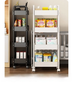 Detailed view of 4-tier rolling cart with wheels used for baby nursery room organization