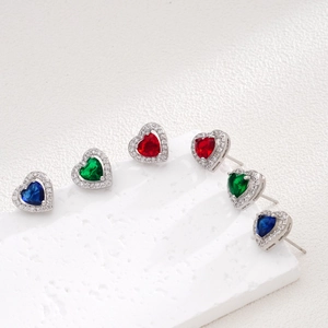 Silver jewelry set featuring heart-shaped zircon earrings in blue, green, and red colors