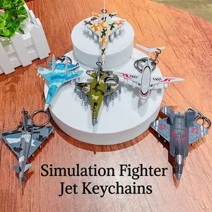 Miniature jet fighter keychain set with detailed camo and metallic finish on white stands