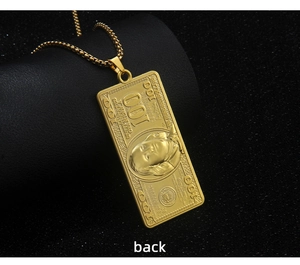 Detailed back view of a 100 dollar bill pendant necklace in polished gold finish