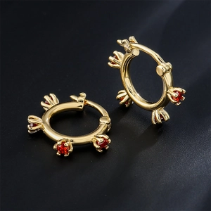 18K gold plated geometric hoop earrings for women with red round AAA zircon stones