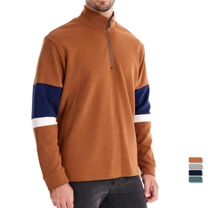 Men's brown long sleeve polo sweatshirt with navy stripes and half-zip collar