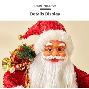 Detail of Santa Claus figurine with red sequins, gold glasses, and festive gift bag
