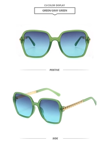 Front and side view of green oversized square sunglasses with golden chain temples