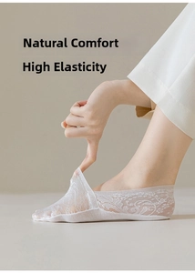 Close-up of white floral lace sock showing high elasticity and breathable mesh texture