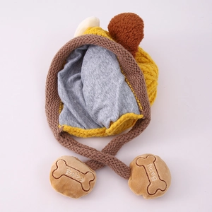 Winter knit baby beanie with puppy ears and bone charms in vibrant yellow and grey