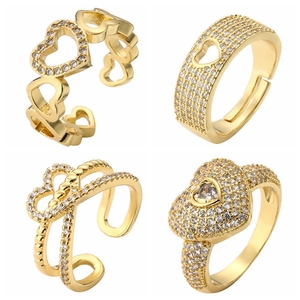 Fashion Copper Gold Plated Zirconia Heart Open Ring Adjustable Geometric Jewelry Ring For Women Elegant Commute Accessory