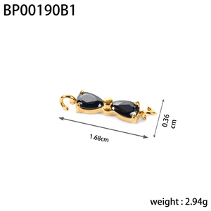 Detail of bow-shaped gold stainless steel pendant with black teardrop stones and dimensions