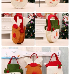 Detailed view of Christmas felt gift bags featuring Santa, snowman and reindeer designs