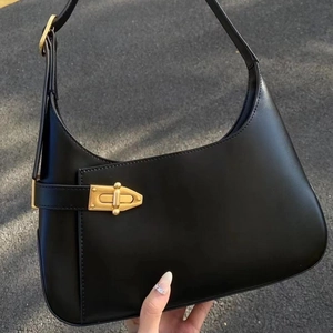 Women Underarm Shoulder Bag PU Leather Hobo Handbag With Gold Hardware Adjustable Strap Simple Fashion Versatile Solid Black