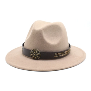 Beige wide brim felt jazz hat with brown leather band and antique metal flower studs