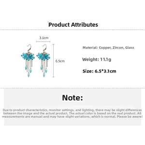 Macro shot of zircon fan-shaped tassel earrings with detailed size dimensions 6.5x3.1cm