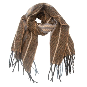 Detailed view of brown checkered wool blend scarf with fringe tassels and soft texture