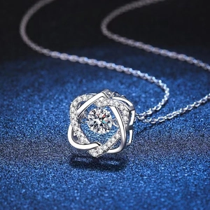 Silver heartbeat double heart necklace with a large round stone in a square pavé pendant