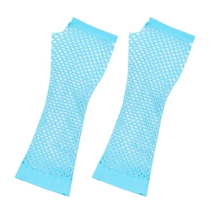 Detail of light blue fishnet long gloves showing elastic mesh texture and hollow design
