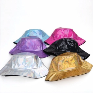 Set of six holographic laser PU leather bucket hats in metallic gradient assorted colors