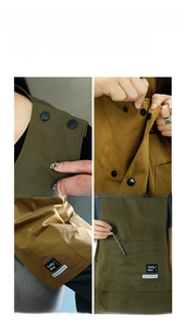 Detailed views of adjustable shoulder snaps and functional pockets on canvas work apron