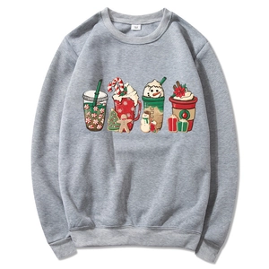 Gray Christmas hoodie featuring festive holiday drink prints like snowmen and trees