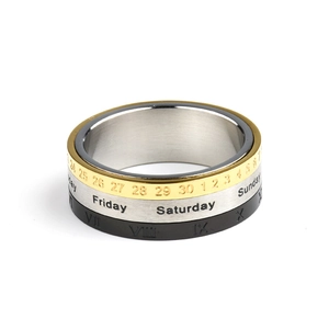 Rotatable stainless steel calendar ring with Roman numerals and weekday engravings
