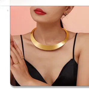 Close-up of polished gold punk choker necklace on model with matching jewelry set