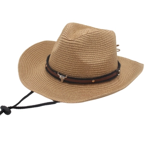Handwoven khaki raffia straw sun hat with western cattle head metal trim and wind cord