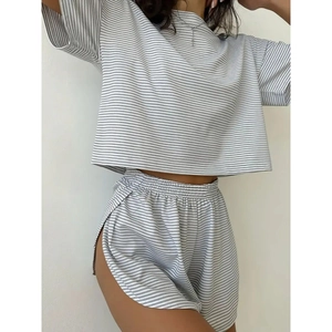 Women's casual grey striped short sleeve crop top and matching elastic waist shorts set