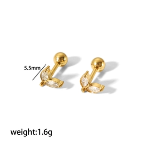 Detail of gold leaf screw back earrings with marquise stones, 5.5mm size and 1.6g weight