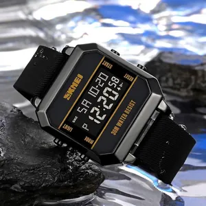 Waterproof SKMEI digital sports watch with black rectangular dial and textured rubber strap