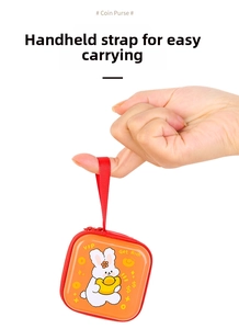 Square orange coin purse with cartoon rabbit and convenient red wrist strap