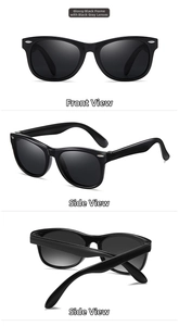 Three-way view of kids polarized sunglasses showing front, side, and folded positions