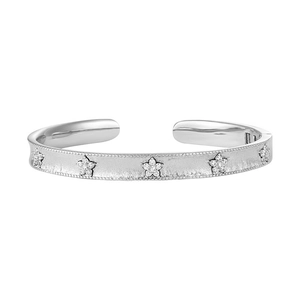 Elegant S925 sterling silver matte open bangle with diamond-set star motifs and beaded edges