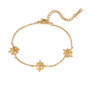 Detailed view of 18K gold plated stainless steel bracelet with three starburst charms