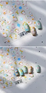 Detailed macro view of 5D embossed nail stickers featuring rabbit and floral designs