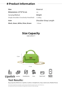 Detailed dimensions of the candy-colored chain bag showing 21x6x12 cm size and capacity