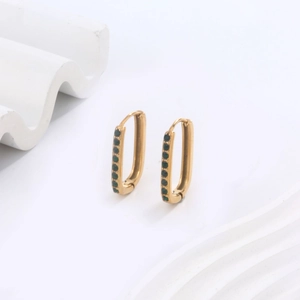 Minimalist vintage gold rectangular hoop earrings with inlaid green zircon stones