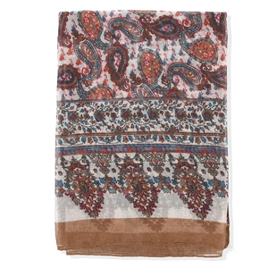 Macro detail of Bohemian white scarf showing red and blue paisley floral patterns and texture