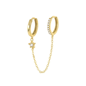 Detail of 925 sterling silver gold-plated double hoop earrings with star chain and stones