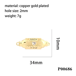 Detail of copper gold plated jewelry connector with Back You text and 34x10mm dimensions