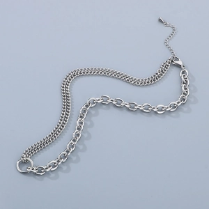 Detail of silver stainless steel mixed chain necklace with ring connector and lobster clasp