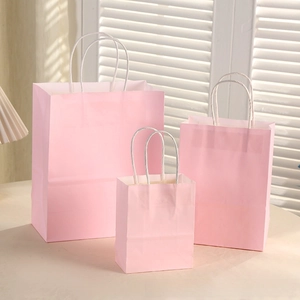 Three sizes of premium pink kraft gift bags with white twisted handles in a soft studio set