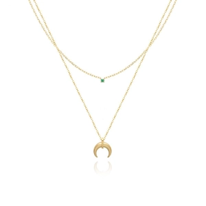 Double-layer gold titanium steel necklace with green crystal and crescent moon pendant