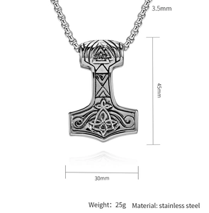 Detailed spec sheet showing Thor's Hammer pendant dimensions 45x30mm and 3.5mm chain width