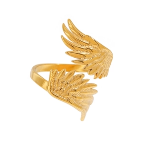 Vintage stainless steel angel wing ring in golden finish with adjustable open band design
