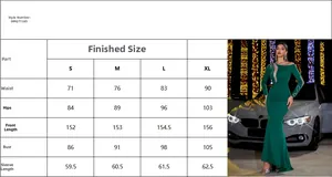Size chart for sequin evening dress with macro view of long sleeve party gown measurements