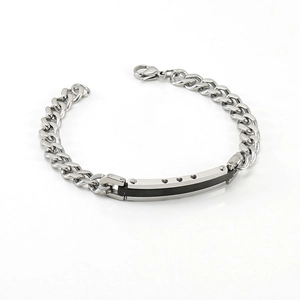 Silver stainless steel Cuban link bracelet featuring a black enamel plate with heart cutouts