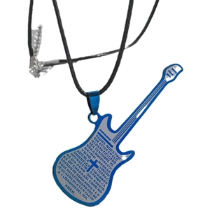 Blue guitar pendant necklace in stainless steel with black leather cord on white background