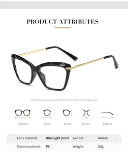 Detailed size specifications for cat-eye glasses showing frame dimensions and blue light lens