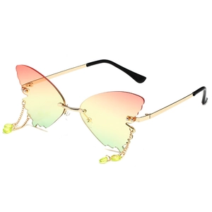 Butterfly rimless sunglasses with gradient lenses and decorative metal chains